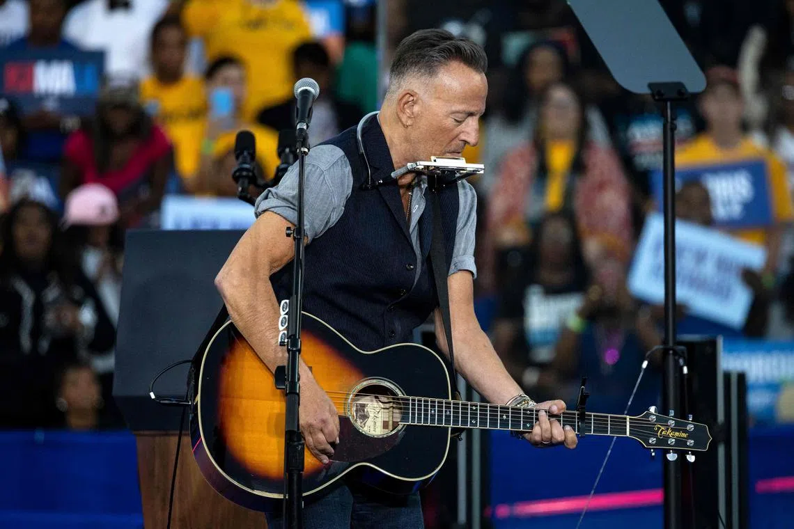 US singer-songwriter Bruce Springsteen performs during a campaign event for US Vice President and Democratic presidential candidate Kamala Harris