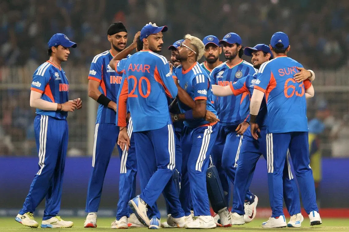 Cricket - ICC Men's T20 World Cup 2026 - Super 8 - India v West Indies - Eden Gardens, Kolkata, India - March 1, 2026 India's Jasprit Bumrah celebrates with teammates after taking the wicket of West Indies' Shimron Hetmyer REUTERS/Sahiba Chawdhary