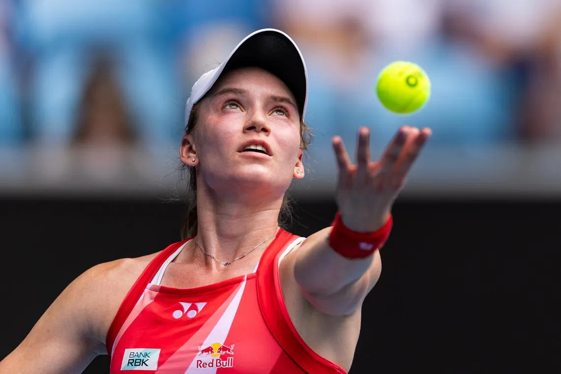 FILE PHOTO: Jan 20, 2025; Melbourne, Victoria, Australia; Elena Rybakina of Kazakhstan serves during her match against Madison Keys of United States of America in the fourth round of the women's singles at the 2025 Australian Open at Melbourne Park. Mandatory Credit: Mike Frey-Imagn Images/File Photo
