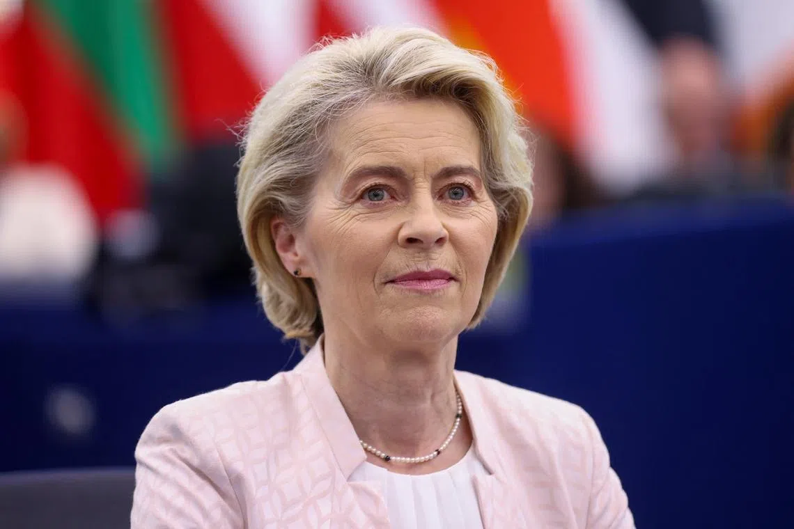 Ursula von der Leyen looks on as she addresses lawmakers before a vote to choose the next President of the European Commission, at the European Parliament in Strasbourg, France, July 18, 2024. REUTERS/Johanna Geron/ File Photo