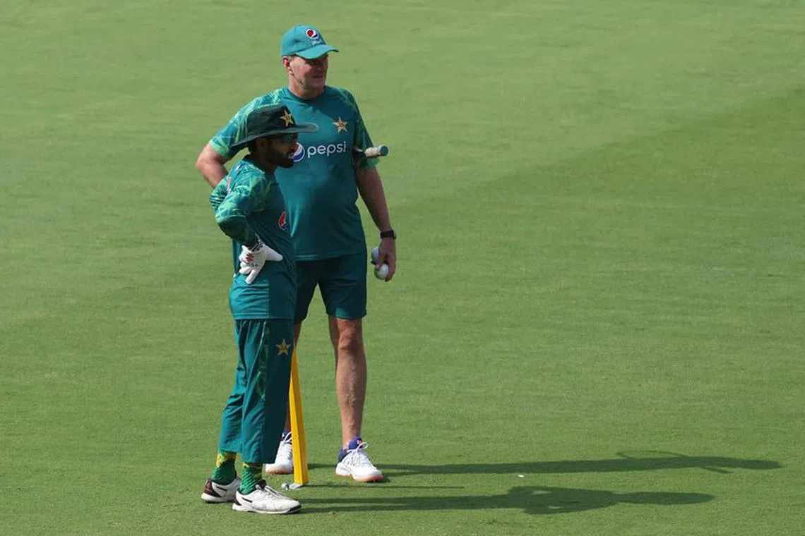 Cricket - ICC Cricket World Cup 2023 - Pakistan Practice - Narendra Modi Stadium, Ahmedabad, India - October 13, 2023 Pakistan head coach Grant Bradburn and Moh mad Rizwan during practice REUTERS/Amit Dave/File photo