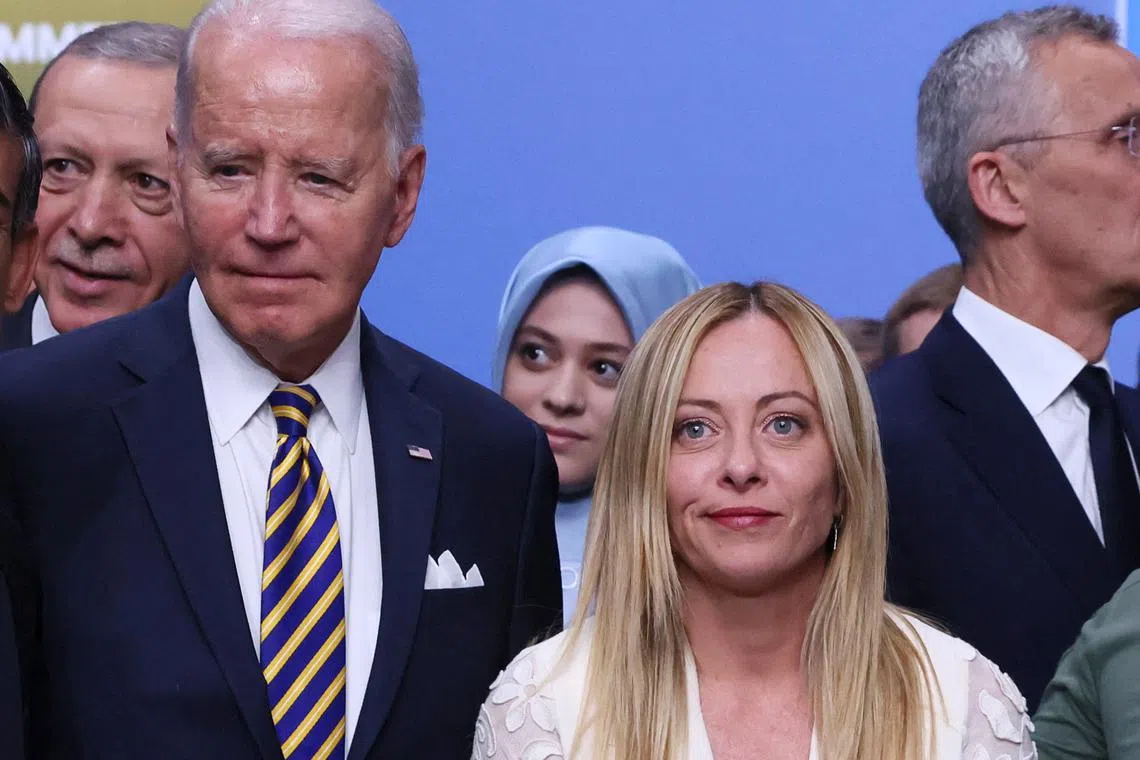 US President Joe Biden and Italian Prime Minister Giorgia Meloni seen during a Nato leaders summit in Vilnius, Lithuania.