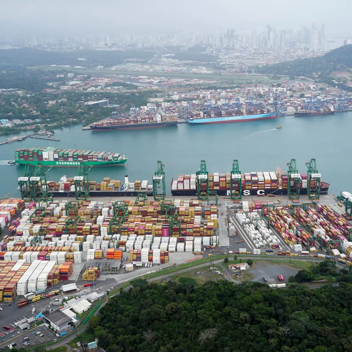 An aerial view shows containers at the Balboa Port, operated by Panama Ports Company, at the Panama Canal, in Panama City, Panama, February 1, 2025. REUTERS/Enea Lebrun/File Photo