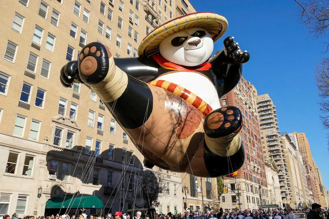 The Po balloon from the film, Kung Fu Panda, participating in the 97th annual Macy's Thanksgiving Day Parade in New York, New York, USA, Nov 23, 2023. The annual parade features floats and giant helium-filled character balloons led down the street by teams of people. 