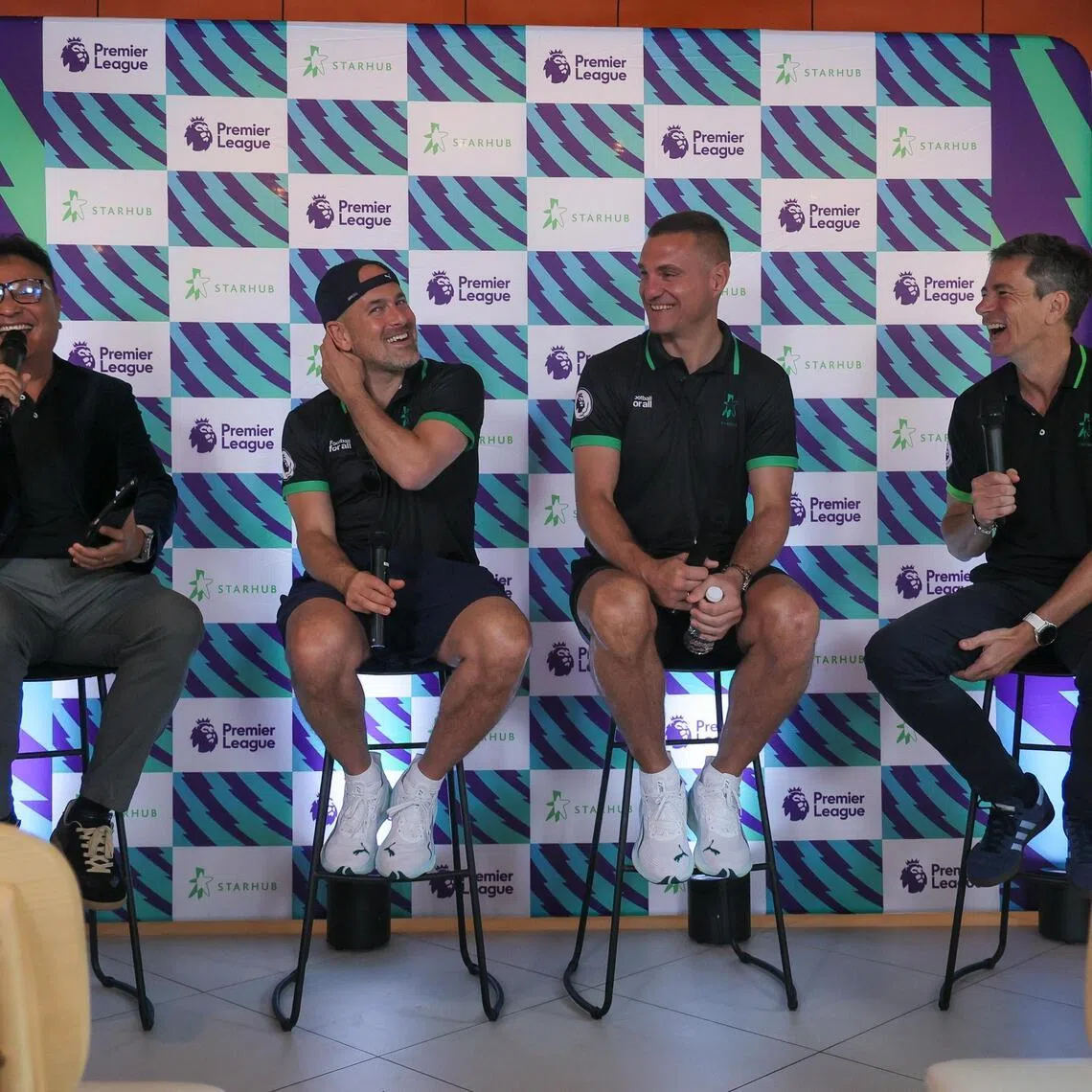 CMG20260521-RChiong01/张俊杰/陈明耀，卓舒畅/StarHub Announce What’s Next for Premier League Fans in Singapore Press Conference Legends interview [Malayan Settlement, 3 River Valley Rd, Blk B, #1-03, Singapore 179021]
From second left: English football coach and former footballer Joe Cole, Serbian former footballer Nemanja Vidić, and StarHub’s vice-president of Entertainment Yann Corqueux at the Malayan Settlement in Clarke Quay on May 21, 2026.