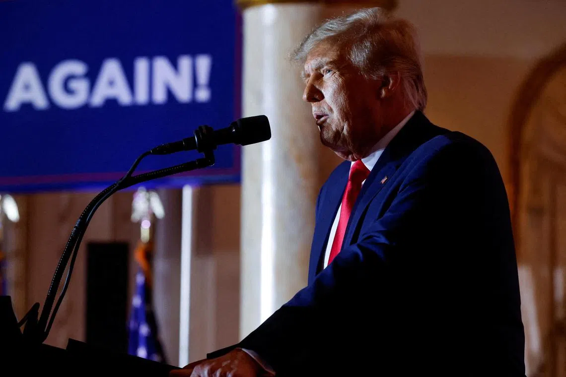 FILE PHOTO: Former U.S. President Donald Trump announces that he will once again run for U.S. president in the 2024 U.S. presidential election during an event at his Mar-a-Lago estate in Palm Beach, Florida, U.S. November 15, 2022. REUTERS/Jonathan Ernst/File Photo
