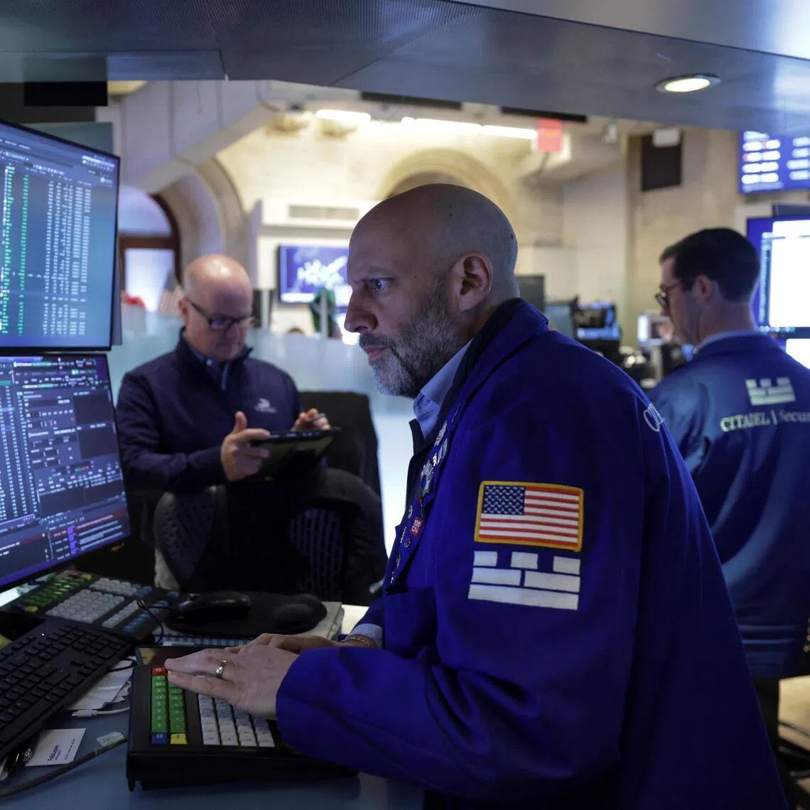 Traders working on the floor of the New York Stock Exchange, in New York City, on April 23.