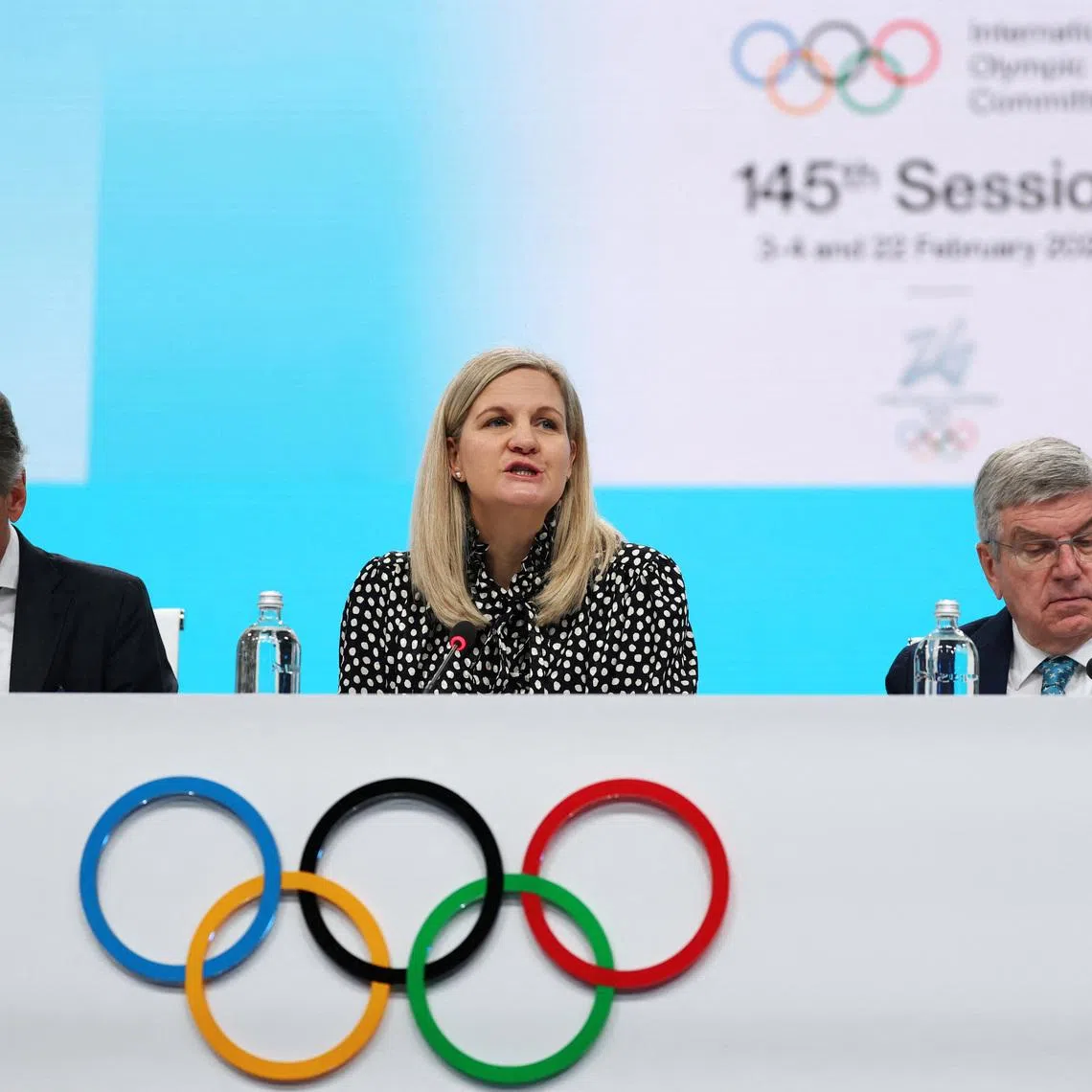 Milano Cortina 2026 Winter Olympics - 145th IOC Session - Auditorium MPC, Milan, Italy - February 4, 2026 IOC President Kirsty Coventry, IOC director general Christophe De Kepper and former IOC president Thomas Bach attend the 145th IOC Session REUTERS/Piroschka Van De Wouw