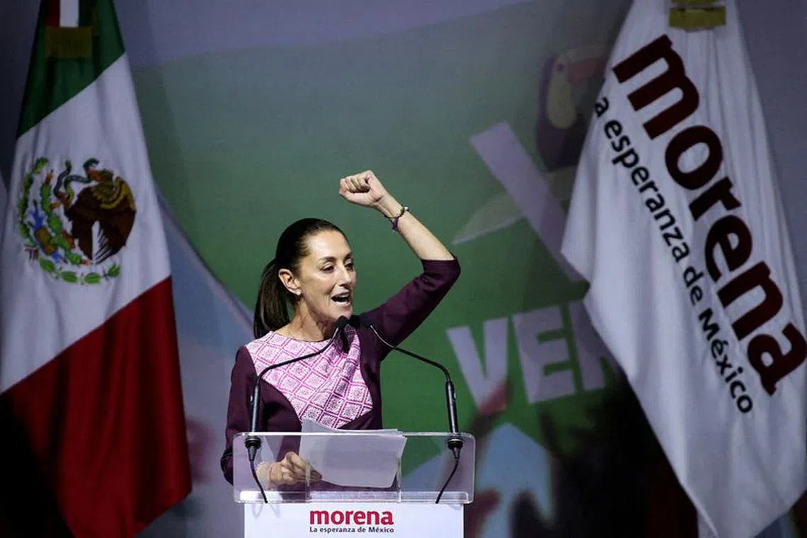 FILE PHOTO: Former Mexico City Mayor Claudia Sheinbaum gestures as she speaks on the day she is certified as presidential candidate for the ruling National Regeneration Movement (MORENA) party during a ceremony, in Mexico City, Mexico September 10, 2023. REUTERS/Henry Romero/File Photo