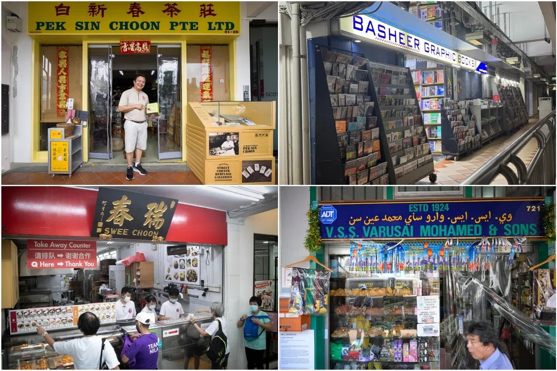 (Clockwise from top left) Mr Kenry Peh, 4th generation owner of Pek Sin Choon Tea Merchant; the Basheer Graphic Books in Bras Basah Complex; VSS Varusai Mohamed & Sons’ Haji V. Syed Mohamed with his daughter Fauzia Rani; and the Swee Choon Tim Sum Restaurant.