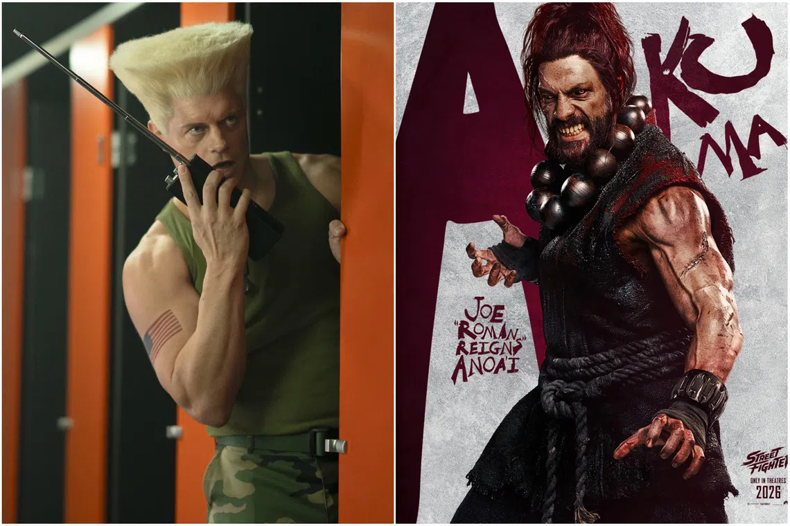 Cody Rhodes in Street Fighter, and Roman Reigns’ character poster in Street Fighter.