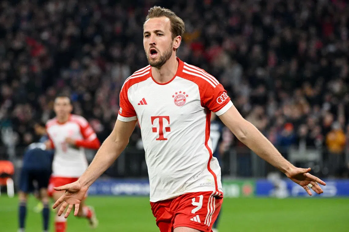 FILE PHOTO: Soccer Football - Champions League - Round of 16 - Second Leg - Bayern Munich v Lazio - Allianz Arena, Munich, Germany - March 5, 2024 Bayern Munich's Harry Kane celebrates scoring their first goal REUTERS/Angelika Warmuth/File Photo