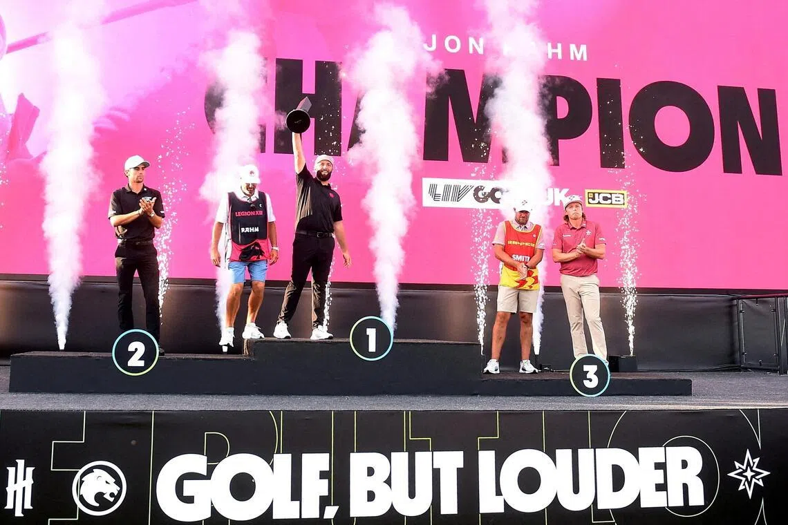 Jon Rahm lifting the trophy after winning LIV Golf United Kingdom on July 28, 2024. The tour has since been thrown into uncertainty after the Saudi Arabia Public Investment Fund said it will stop its backing in 2026.
