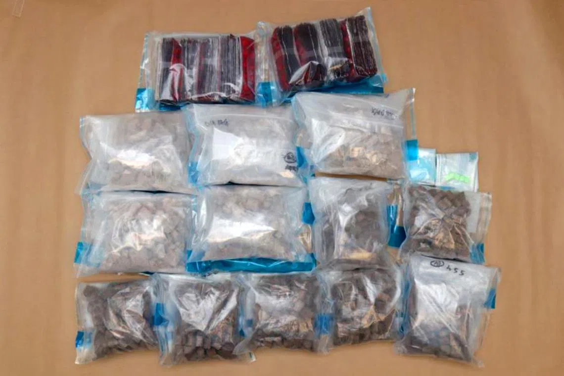Drugs found concealed in various parts of a car driven by a 58-year-old Singaporean man attempting to smuggle the drugs into Singapore on Jan 20, 2025. 