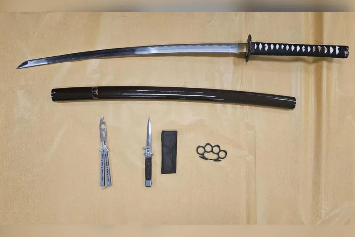 The police seized a samurai sword, a butterfly knife, a knuckle duster and a flick knife after they raided the man's residence.