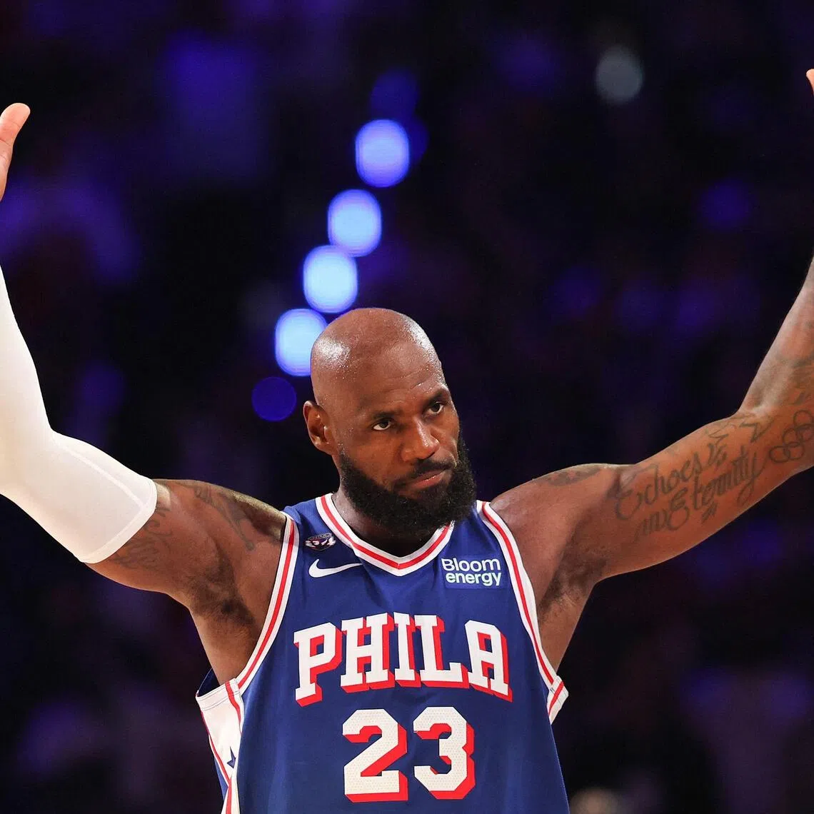 LeBron James of Philadelphia 76ers reacts during the fourth quarter of a game against the Cleveland Cavaliers 114-106 on Oct 22.