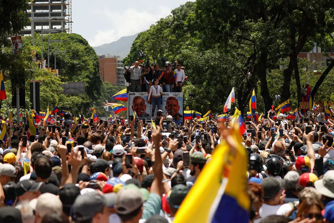 Venezuelan opposition leader Maria Corina Machado addresses supporters during a march amid the disputed presidential election, in Caracas, Venezuela August 3, 2024. REUTERS/Fausto Torrealba