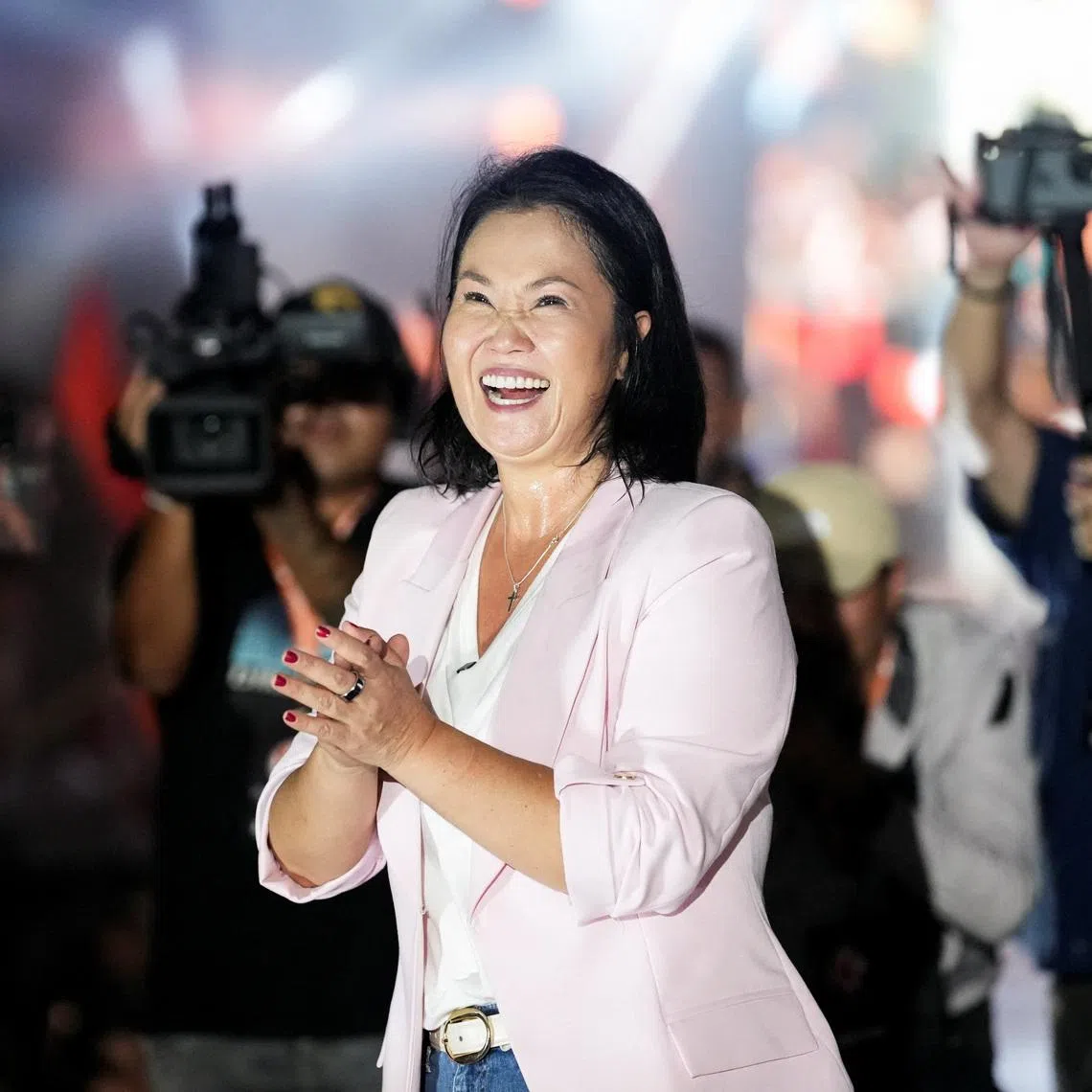 Presidential candidate Keiko Fujimori, who is making a fourth bid for Peru's presidency, reacts during her closing campaign rally ahead of the April 12 general election, in Lima, Peru, April 9, 2026. REUTERS/Angela Ponce