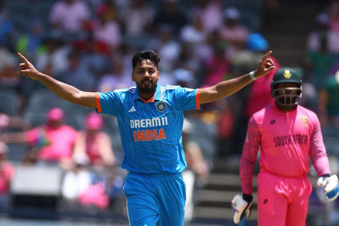 FILE PHOTO: Cricket - First One Day International - South Africa v India - Wanderers Stadium, Johannesburg, South Africa - December 17, 2023 India's Avesh Khan celebrates after taking the wicket of South Africa's David Miller, caught out by KL Rahul REUTERS/Siphiwe Sibeko/File Photo