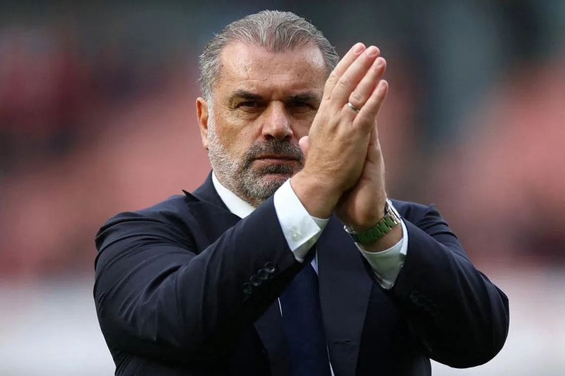 FILE PHOTO: Soccer Football - Premier League - Arsenal v Tottenham Hotspur - Emirates Stadium, London, Britain - September 24, 2023 Tottenham Hotspur manager Ange Postecoglou applauds fans after the match Action Images via Reuters/Matthew Childs/File Photo