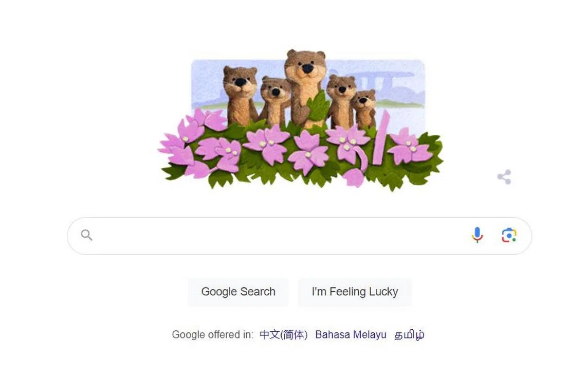 The Google doodle features a family of five otters with Marina Bay Sands in the background and flowers in the foreground.
