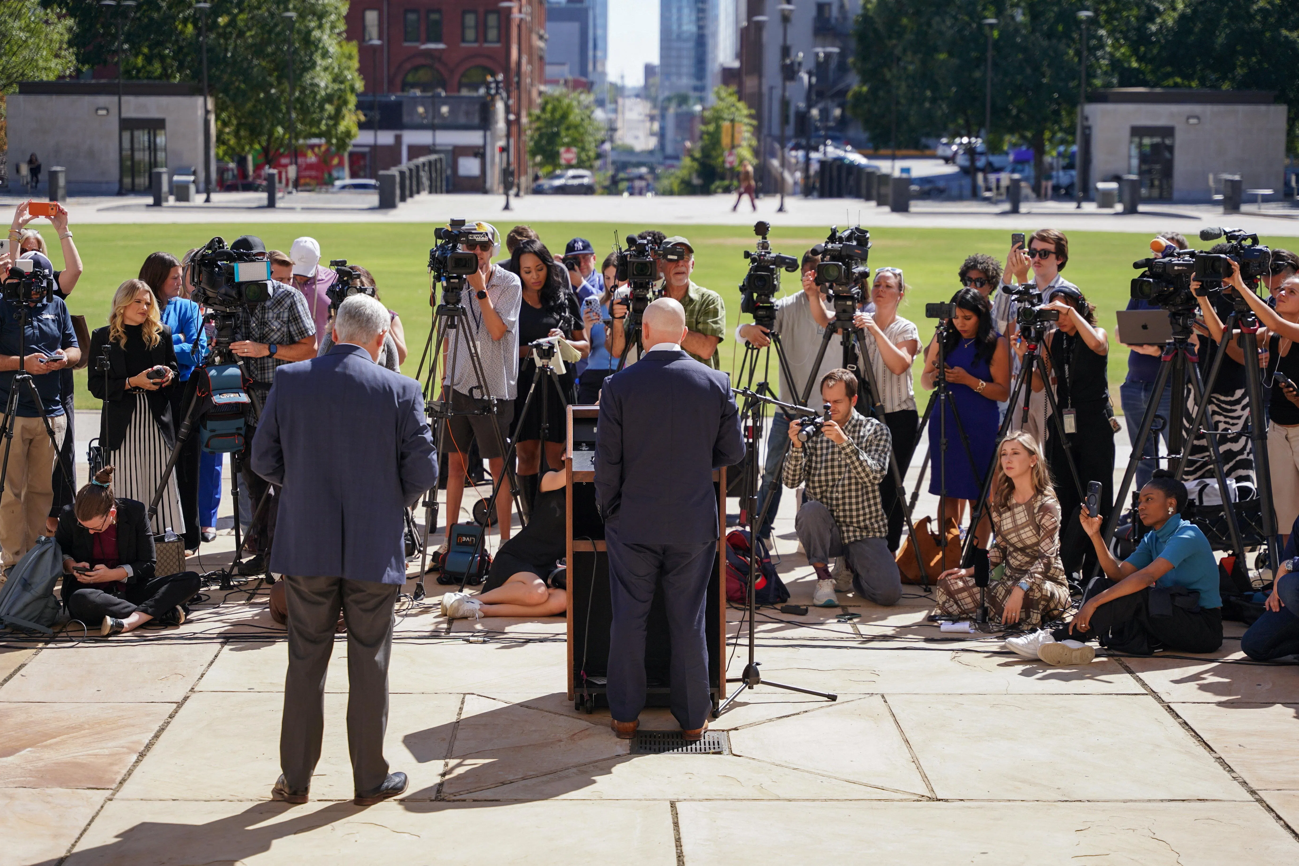 Christa Pike’s lawyers speaking to the media on Oct 7, after updating a Nashville, Tennessee, court on the condition of their client.