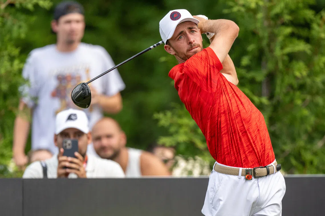 Aug 16, 2025; Indianapolis, IN, United States; David Puig Fireballs GC tees off on the 4th hole during the second round of LIV Golf Indianapolis. Mandatory Credit: Marc Lebryk-Imagn Images