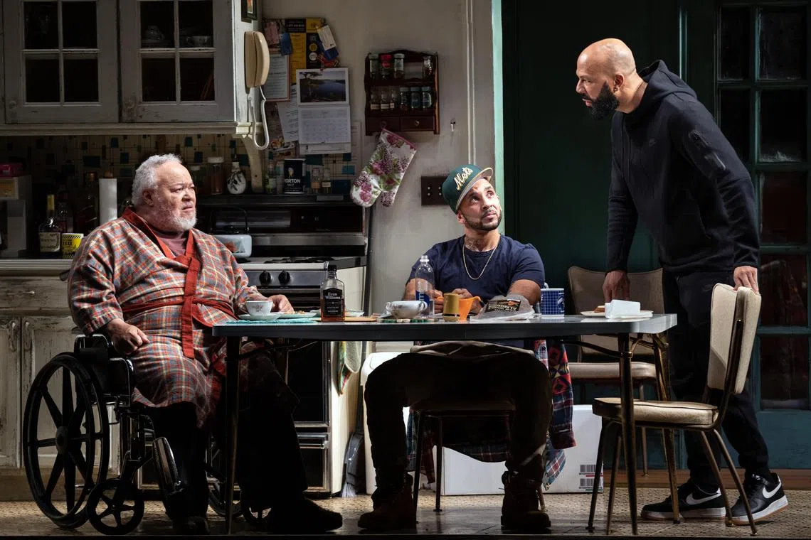A scene from the Second Stage Theater's Between Riverside And Crazy at the Hayes Theater in New York on Dec. 7, 2022. The theatre company simulcast the last two weeks of the play's Broadway run.
