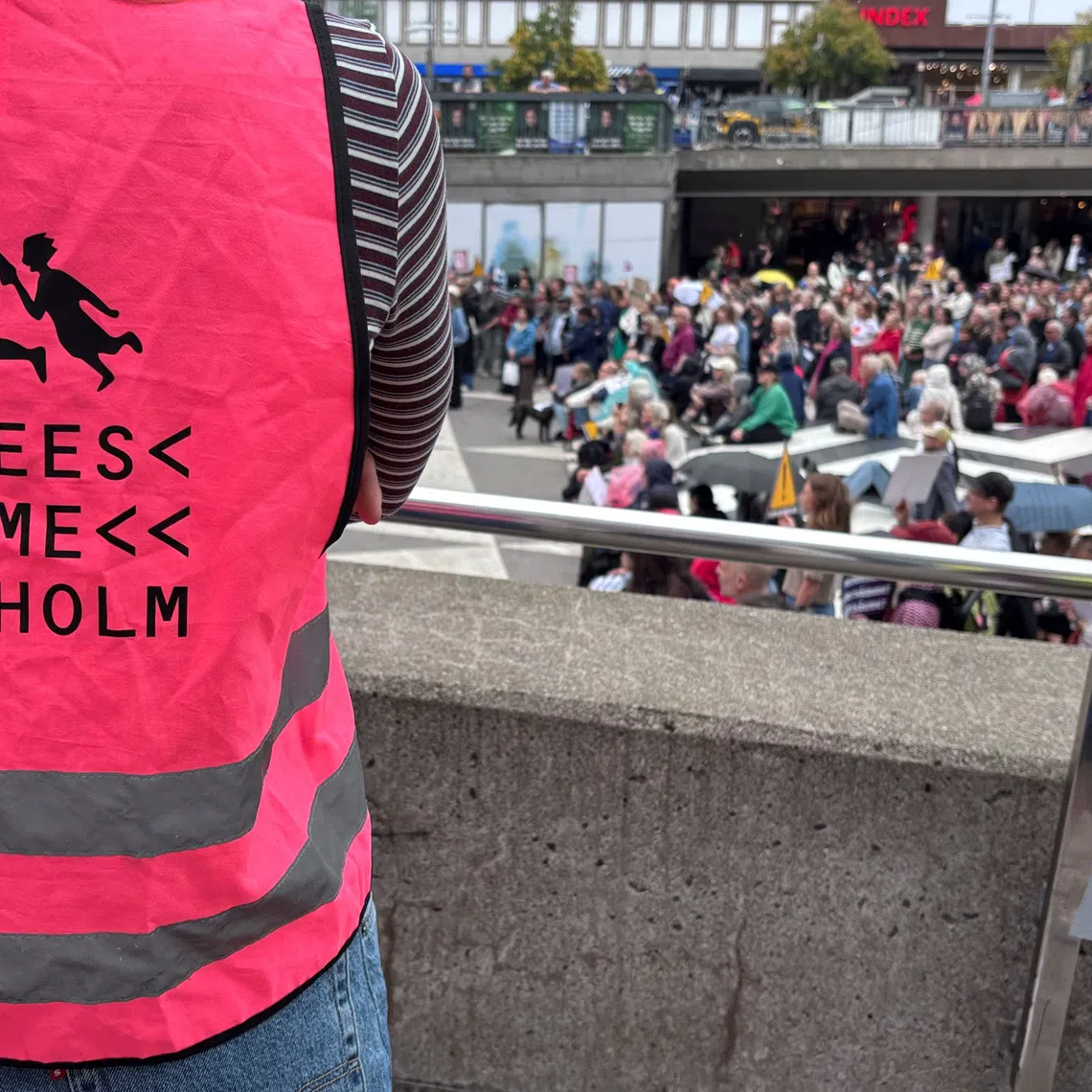 Campaigners at a rally protest against the government's immigration policies before the upcoming elections in Stockholm, Sweden, August 30, 2026. Picture taken with a mobile phone. REUTERS/Simon Johnson