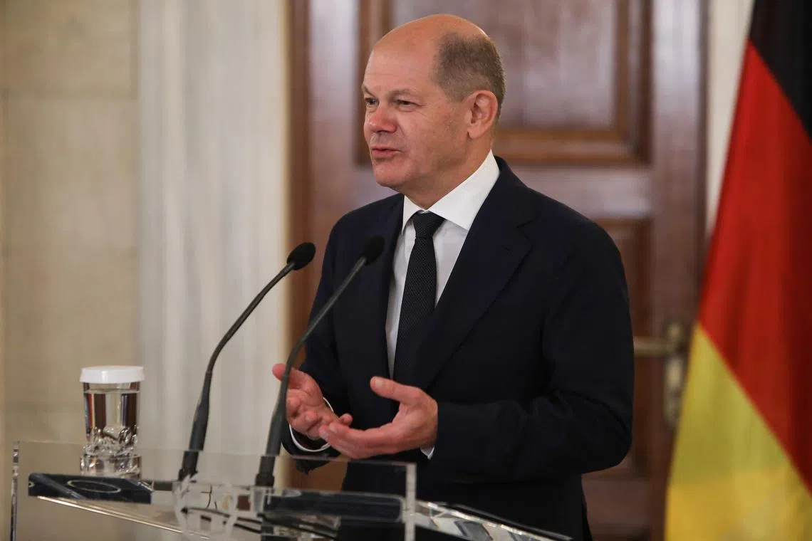 German Chancellor Olaf Scholz speaks at a press conference in Athens on Oct 27, 2022.