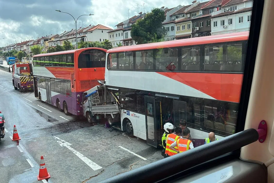 Two buses and a lorry collided on May 30 in Loyang Avenue.