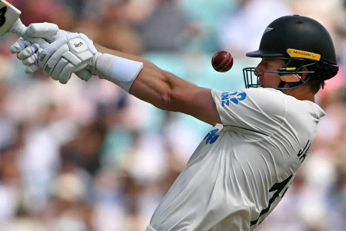 New Zealand's Kyle Jamieson reacting as he attempts to play a shot during the second day of the test match between England and New Zealand, at The Oval in London, on June 18, 2026. 