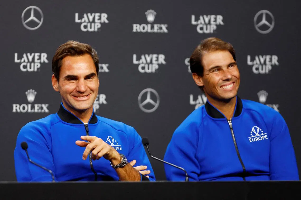FILE PHOTO: Tennis - Laver Cup - Media Day - 02 Arena, London, Britain - September 22, 2022 Team Europe's Roger Federer and Rafael Nadal during a press conference Action Images via Reuters/Andrew Boyers/File Photo