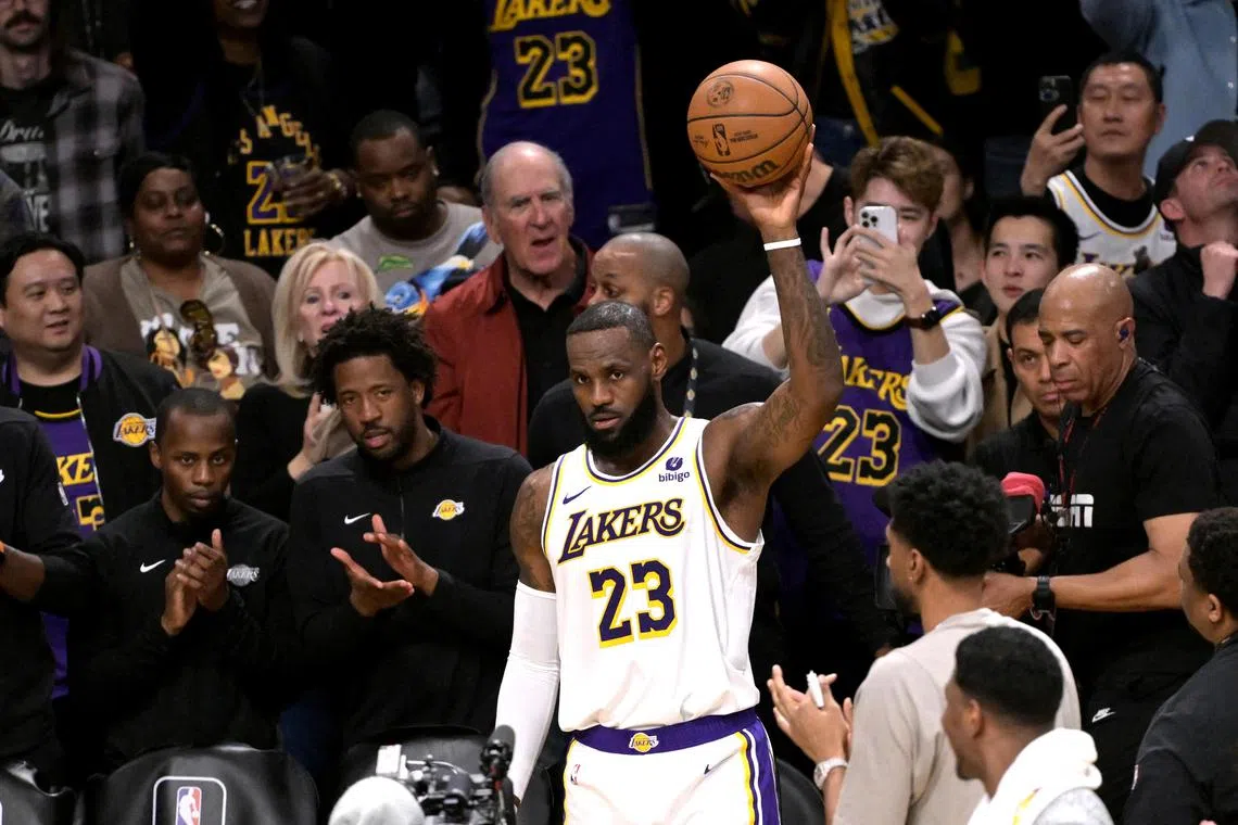 Los Angeles Lakers forward LeBron James acknowledging the crowd after scoring his 40,000th career point against the Denver Nuggets at Crypto.com Arena on March 2. Denver won 124-114.