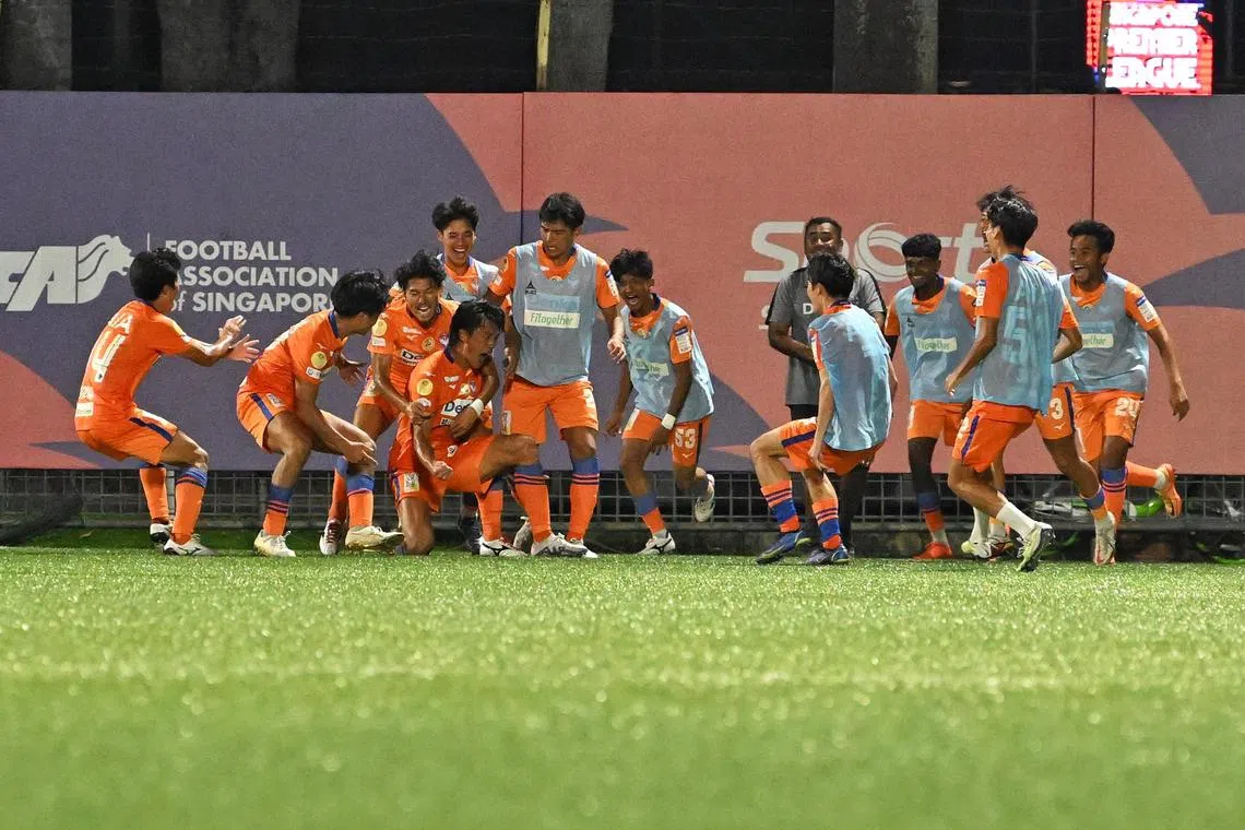 Albirex Niigata players celebrate after Shodai Yokoyama scored their second goal against Lion City Sailors