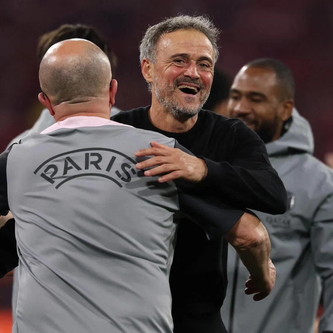 Paris Saint-Germain coach Luis Enrique celebrates at the end of the Champions League match against Bayern Munich.