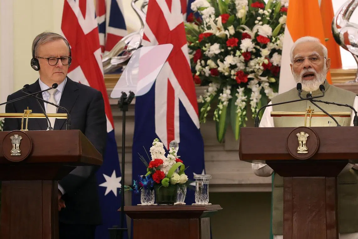 Australian PM Anthony Albanese (left) and Indian PM Narendra Modi make a joint statement in New Delhi, on March 10, 2023. 