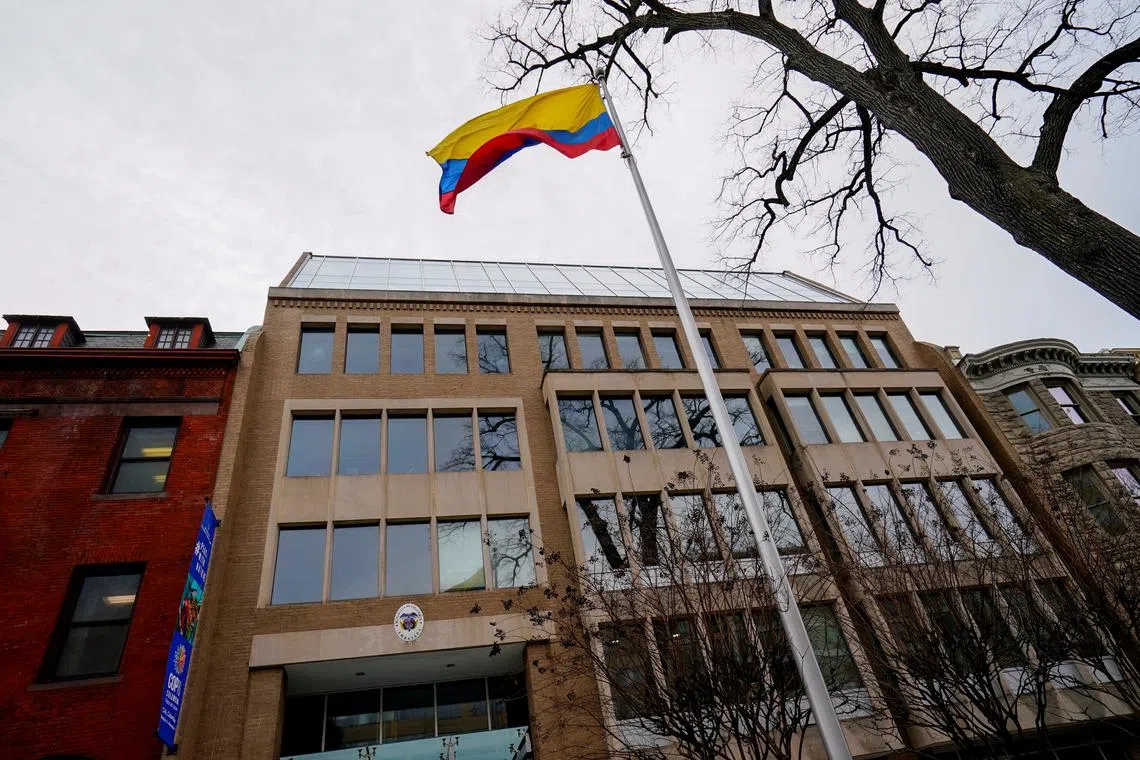 FILE PHOTO: A flag flutters in front of Colombia's embassy in Washington, U.S. January 26, 2025.  REUTERS/Ken Cedeno/File Photo