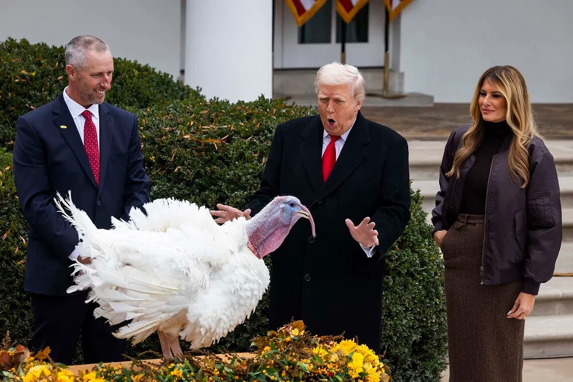 US President Donald Trump (centre) pardoning a turkey named Gobble while First Lady Melania Trump (right) looks on in the Rose Garden of the White House in Washington, DC, USA, Nov 25, 2025. The annual White House tradition of pardoning a Thanksgiving turkey dates back to 1989, when President George Bush pardoned a turkey in the Rose Garden. 
