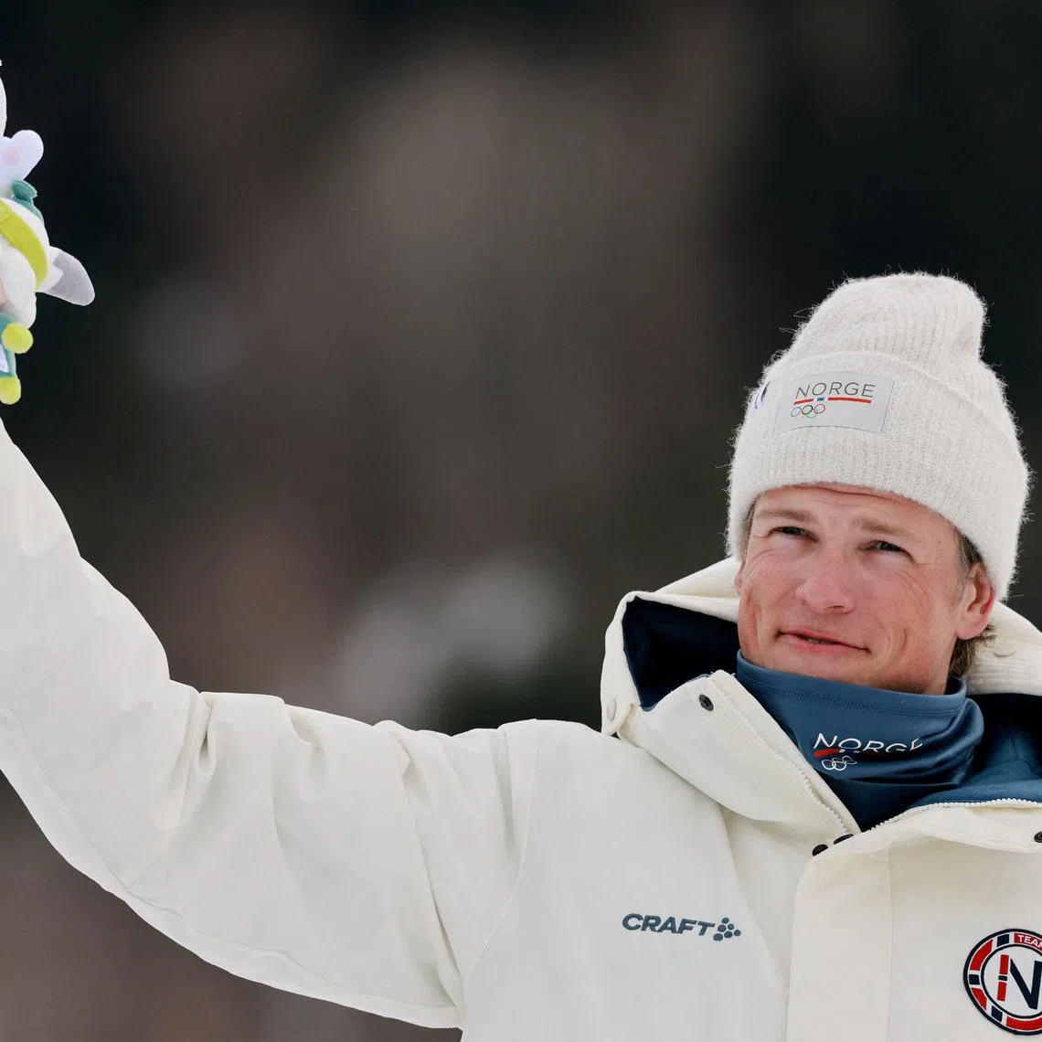 Milano Cortina 2026 Olympics - Cross-Country Skiing - Men's 50km Mass Start Classic - Tesero Cross-Country Skiing Stadium, Lago, Italy - February 21, 2026. Gold medallist Johannes Hoesflot Klaebo of Norway celebrates on the podium after the men's 50km mass start classic REUTERS/Stephanie Lecocq