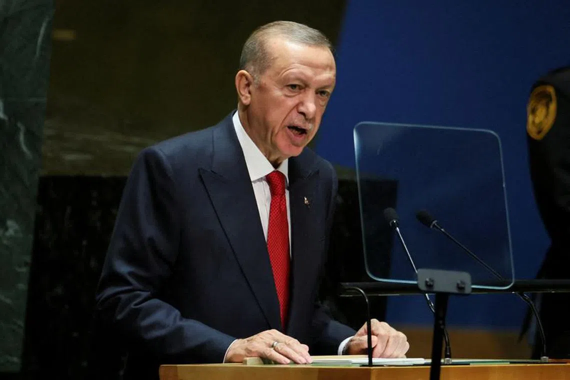 FILE PHOTO: Turkey's President Tayyip Erdogan addresses the 78th Session of the U.N. General Assembly in New York City, U.S., September 19, 2023.  REUTERS/Brendan McDermid/File Photo