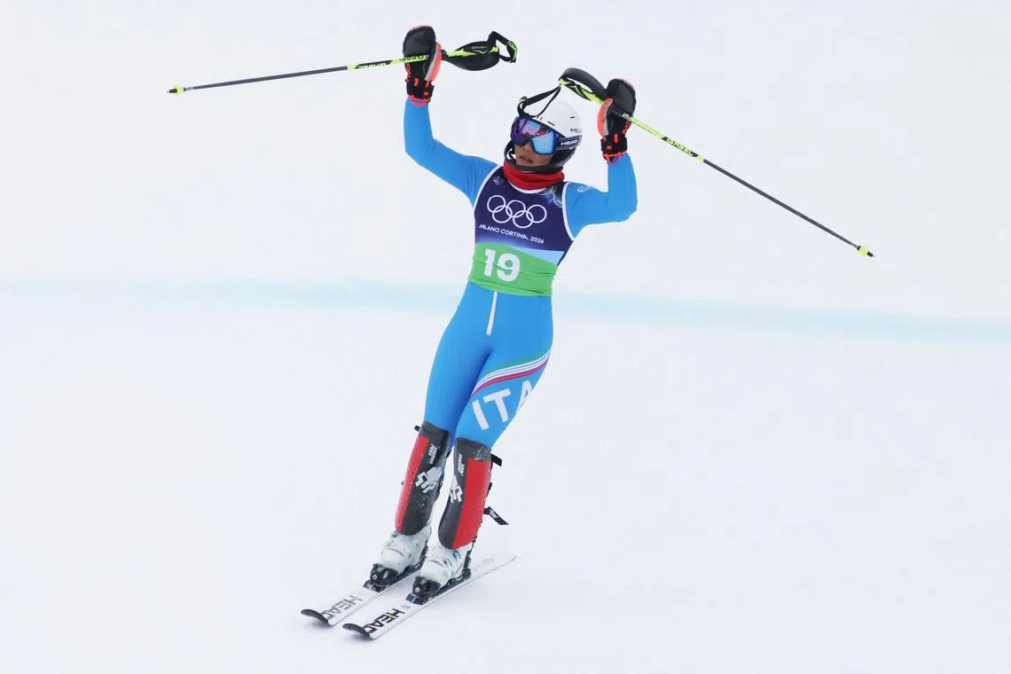 FILE PHOTO: Milano Cortina 2026 Olympics - Alpine Skiing - Women's Team Combined Slalom - Tofane Alpine Skiing Centre, Belluno, Italy - February 10, 2026. Giada D'Antonio of Italy reacts after her run during the Women's Team Combined Slalom REUTERS/Leonhard Foeger/File Photo