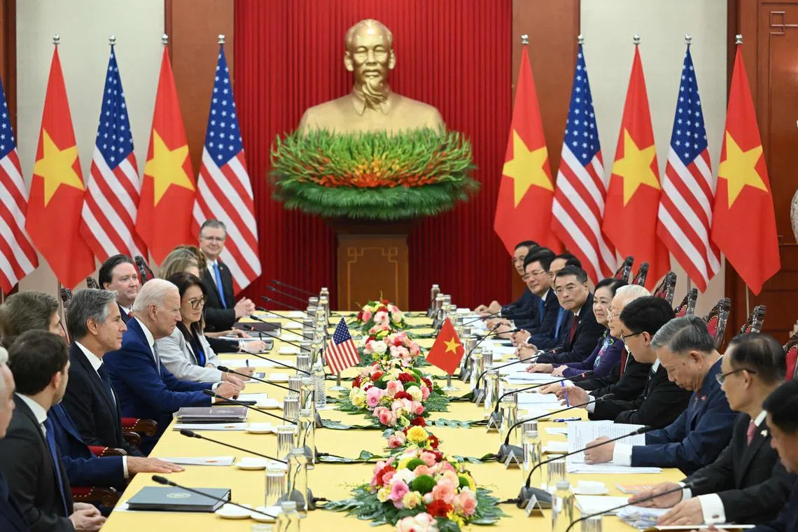 US President Joe Biden (left, centre) and Vietnam's Communist Party General Secretary Nguyen Phu Trong (right, centre) meeting in Hanoi on Sept 10, 2023. 