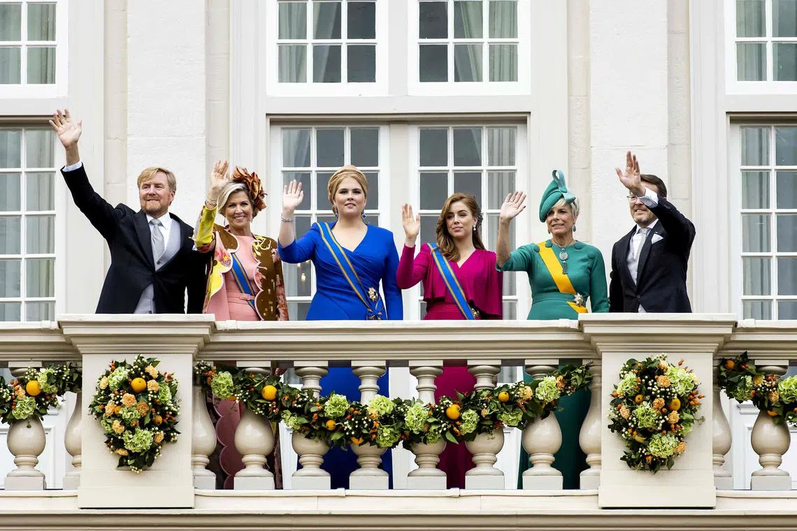 From left: Dutch King Willem-Alexander, Queen Maxima, Princess Amalia, Princess Alexia, Princess Laurentien and and Prince Constantijn waving at the balcony of the Noordeinde Palace on Budget Day after the king delivered the speech from the Throne at the Schouwburg, in The Hague in the Netherlands on Sept 19.