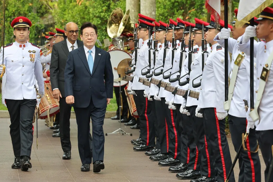 South Korean President Lee Jae Myung (centre, front) with President Tharman Shanmugaratnam (background) at a welcome ceremony on March 2.
