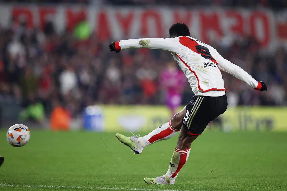 FILE PHOTO: Soccer Football - Copa Libertadores - Group H - River Plate v Libertad - Estadio Mas Monumental, Buenos Aires, Argentina - May 14, 2024 River Plate's Miguel Borja scores their second goal REUTERS/Agustin Marcarian/File Photo