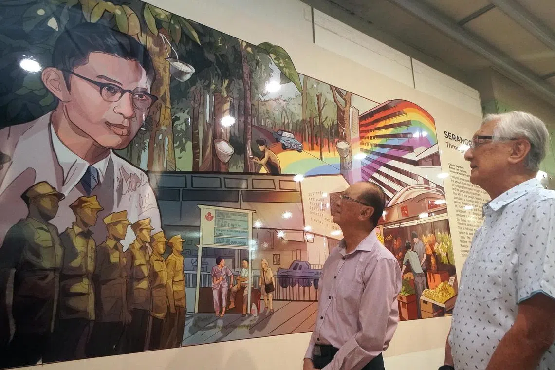 Dr Lim Whye Geok (pink top) and Mr Lim Lam Geok - children of Singapore World War II hero Lim Bo Seng - with the mural Serangoon Through The Years which features their late father at Serangoon MRT station on Feb 18, 2023. Lim Bo Seng and his family resided in a house at 6th Milestone in the rural Upper Serangoon area. The artwork is the fifth installation in SMRT's Comic Connect series of heritage-themed wall murals across its MRT stations.