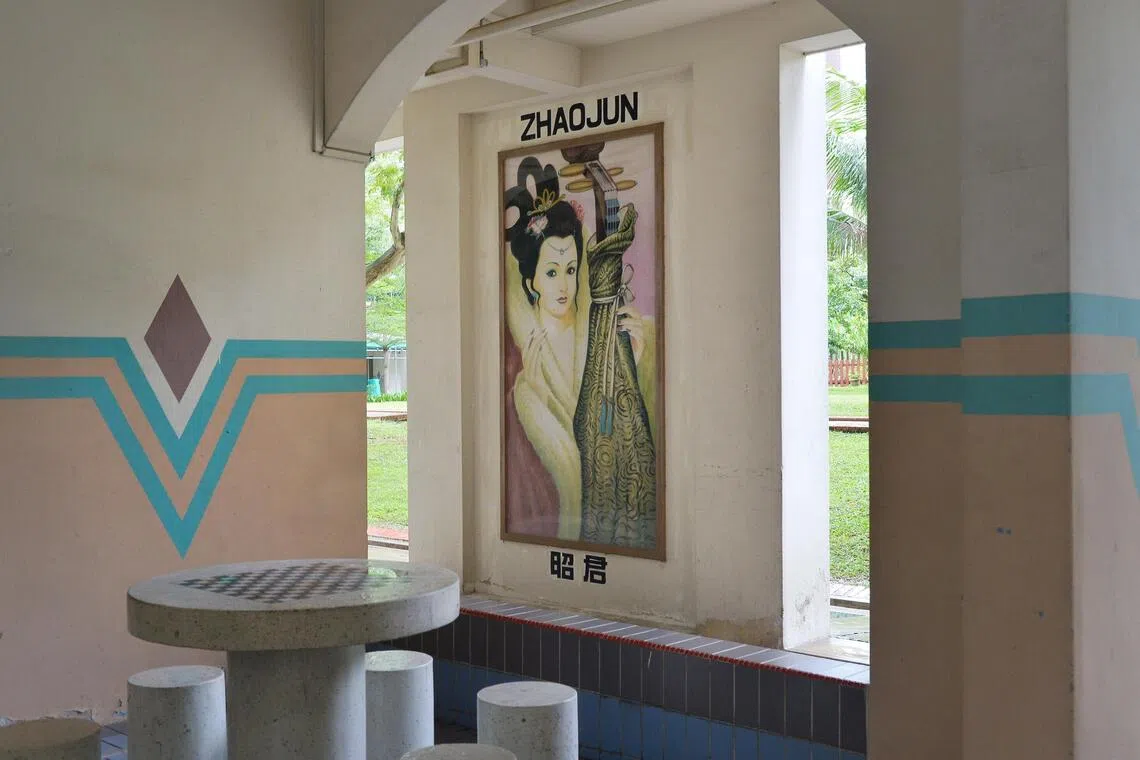Murals of the four great beauties of ancient China adorn the walls of HDB void decks in Simei estate, including this 2m-tall painting of Wang Zhaojun at blocks 226 and 229, Simei Street 4.