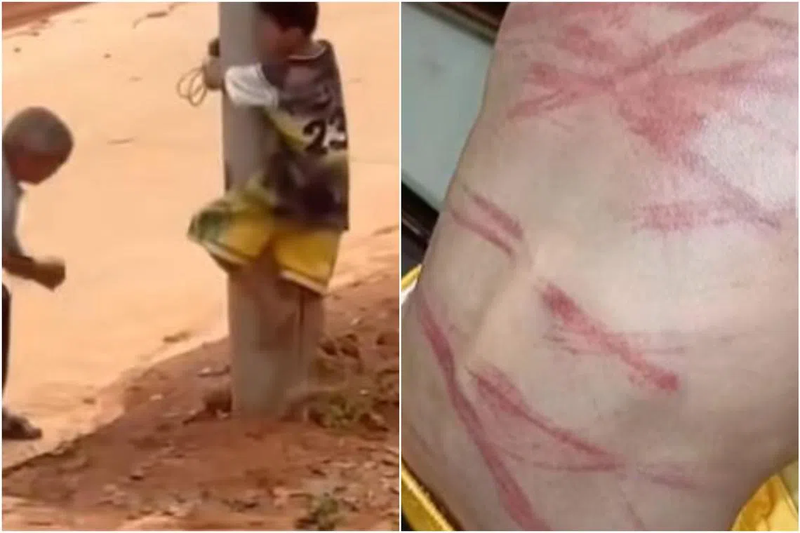 Two people have been arrested in China after a 10-year-old boy, who is suspected of theft, was tied to a telephone pole and flogged by fellow villagers.