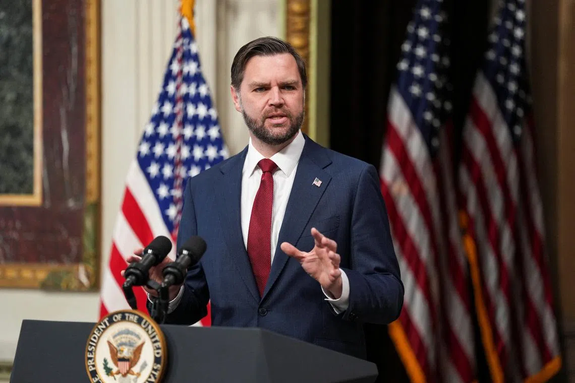 U.S. Vice President JD Vance delivers a speech on the day he administers the oath of office to Colin McDonald, the U.S. Assistant Attorney General in charge of fraud enforcement, in the Indian Treaty Room of the Eisenhower Executive Office Building (EEOB) on the White House campus in Washington, D.C., U.S., April 1, 2026. REUTERS/Ken Cedeno